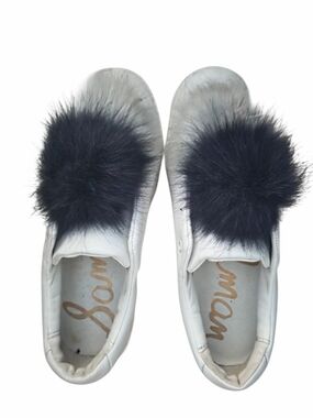 Sam Edelman White Slip-On Mules with Blue Pom Poms